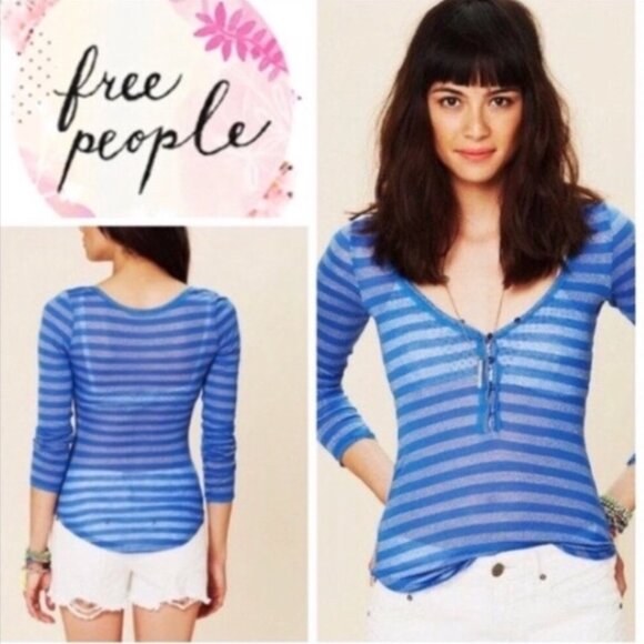 FREE PEOPLE Peach Metallic Striped V-Neck Henley Top - Size S - Picture 14 of 16